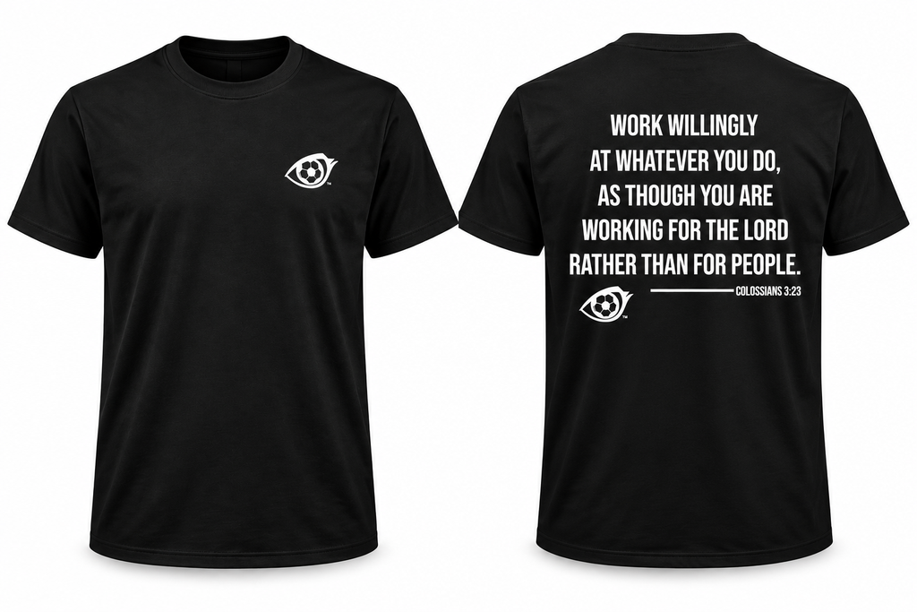 EYEBALL Lady Lashes Faith Work Willingly Soccer T-shirt
