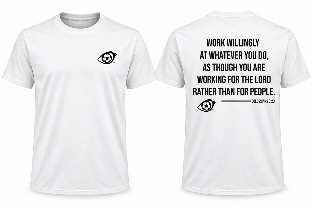 EYEBALL Lady Lashes Faith Work Willingly Soccer T-shirt