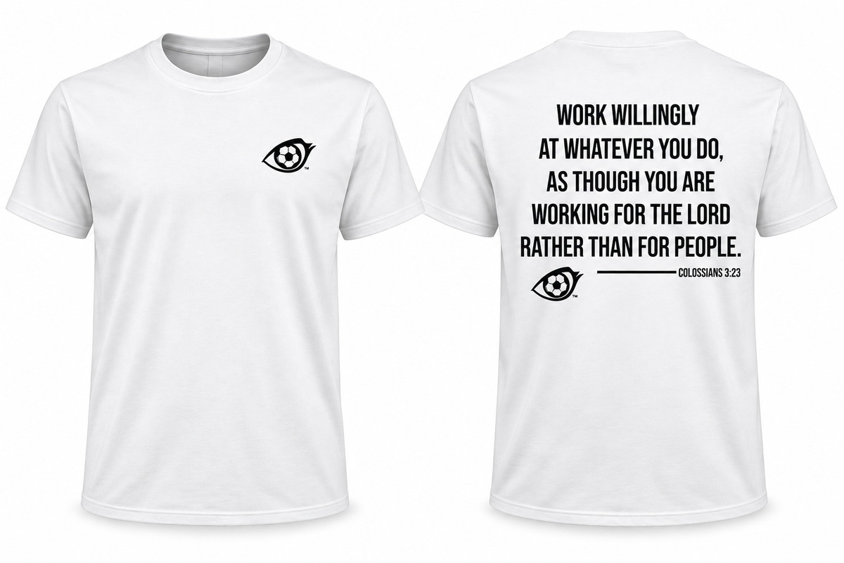 EYEBALL Lady Lashes Faith Work Willingly Soccer T-shirt