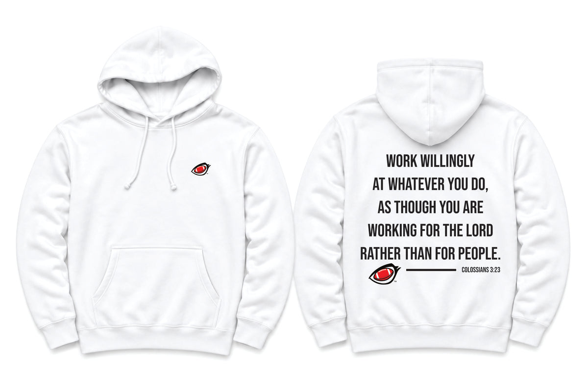 EYEBALL Football Lashes Work Willingly White Hoodie